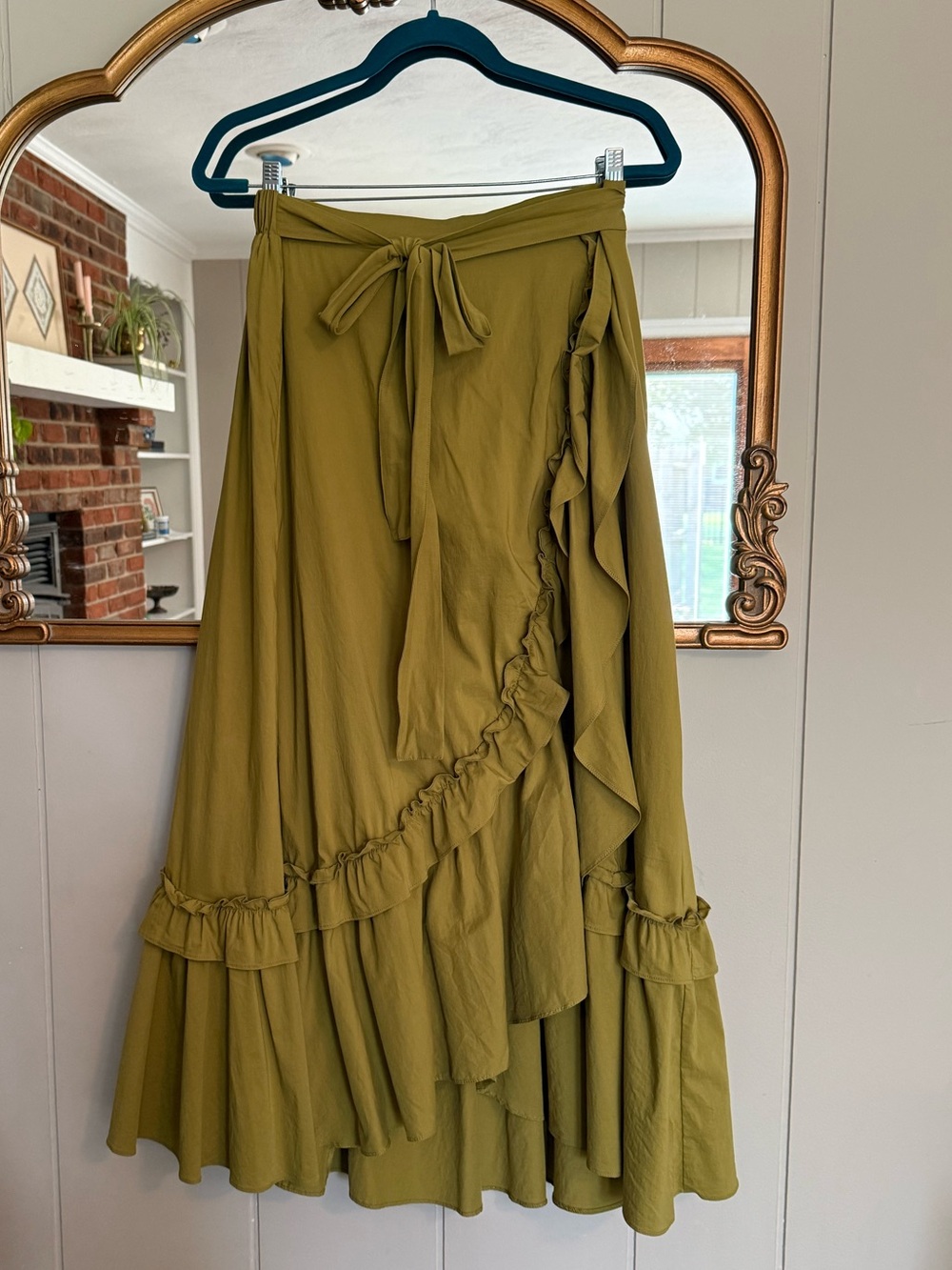 Maeve Olive Green Ruffled Wrap Maxi Skirt